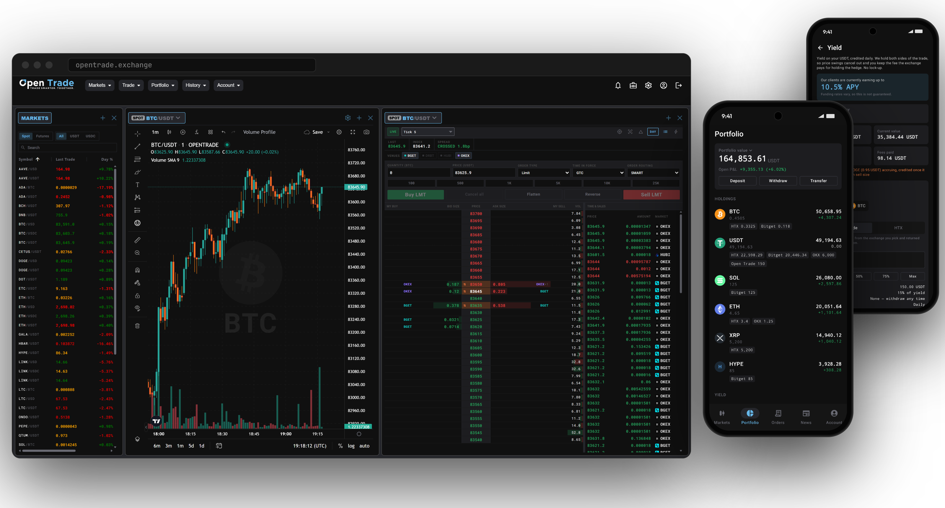 The Open Trade trading desk with the Active Trader ladder in a browser alongside the Open Trade Android app